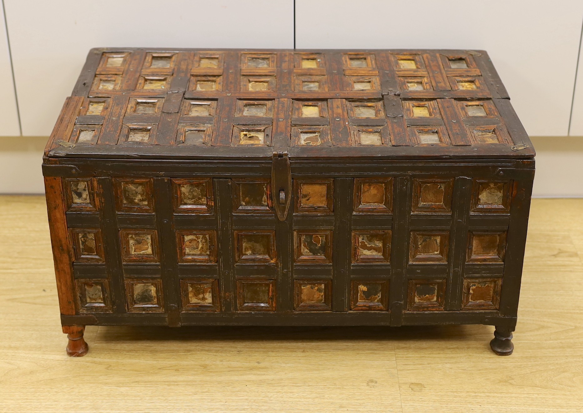 A mahogany carved dowry chest, 69cm wide